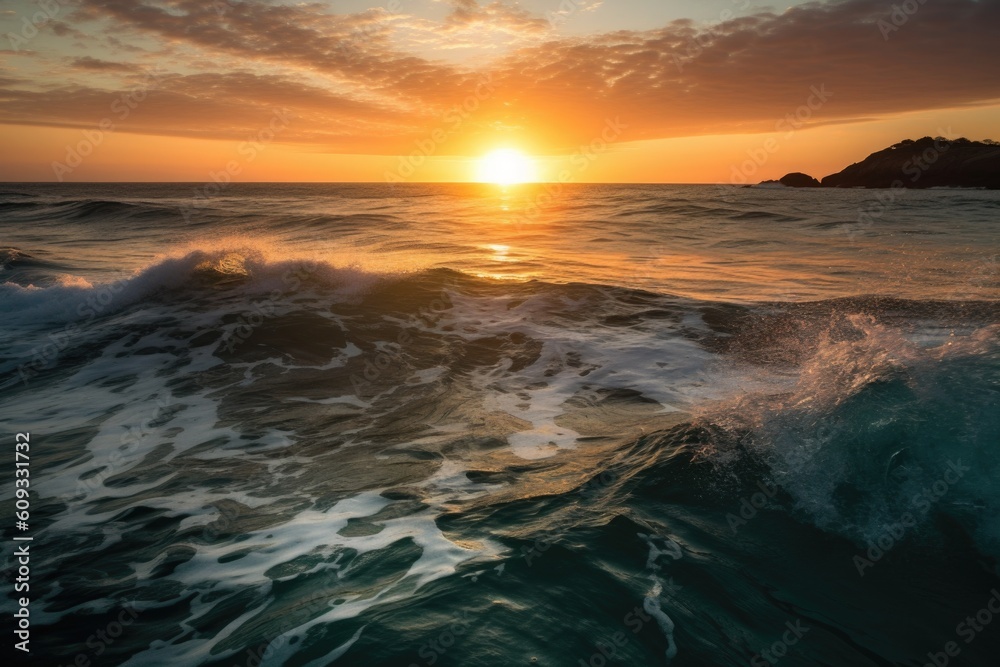 the sun setting over an ocean, with waves rolling in, created with generative ai the sun setting over an ocean, with waves rolling in, created with generative ai