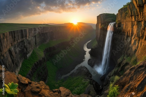 scenic view of a towering waterfall, with the sun setting in the background, created with generative ai © Alfazet Chronicles