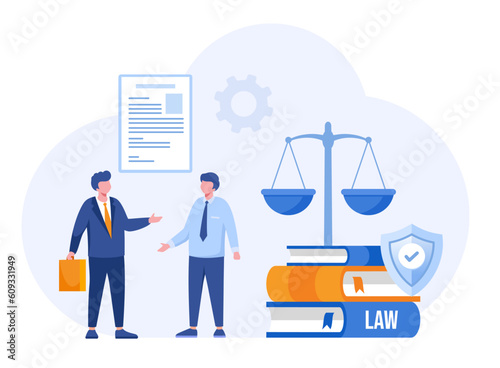Law and justice scenes. lawyer consulting client, judge knocking with wooden hammer. Legal advice concept. Flat vector illustration banner