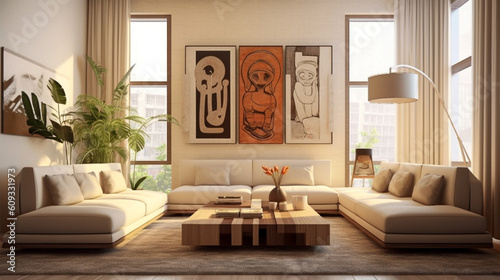 Scandinavian living room interior in beige colors with three big white frame decoration mockup. Generative Ai.