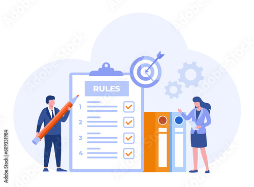 rules of work, regulation, checklist, paperwork, document and agreement, flat design illustration vector banner and background