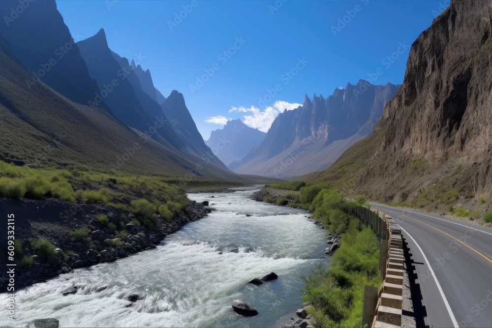 scenic highway, with rushing river and towering mountains in the background, created with generative ai scenic highway, with rushing river and towering mountains in the background, created with generative ai