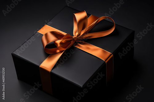Elegant Mystery Dark Gift Box with Satin Ribbon and Bow on Black Background for Holiday Gifting. created with Generative AI