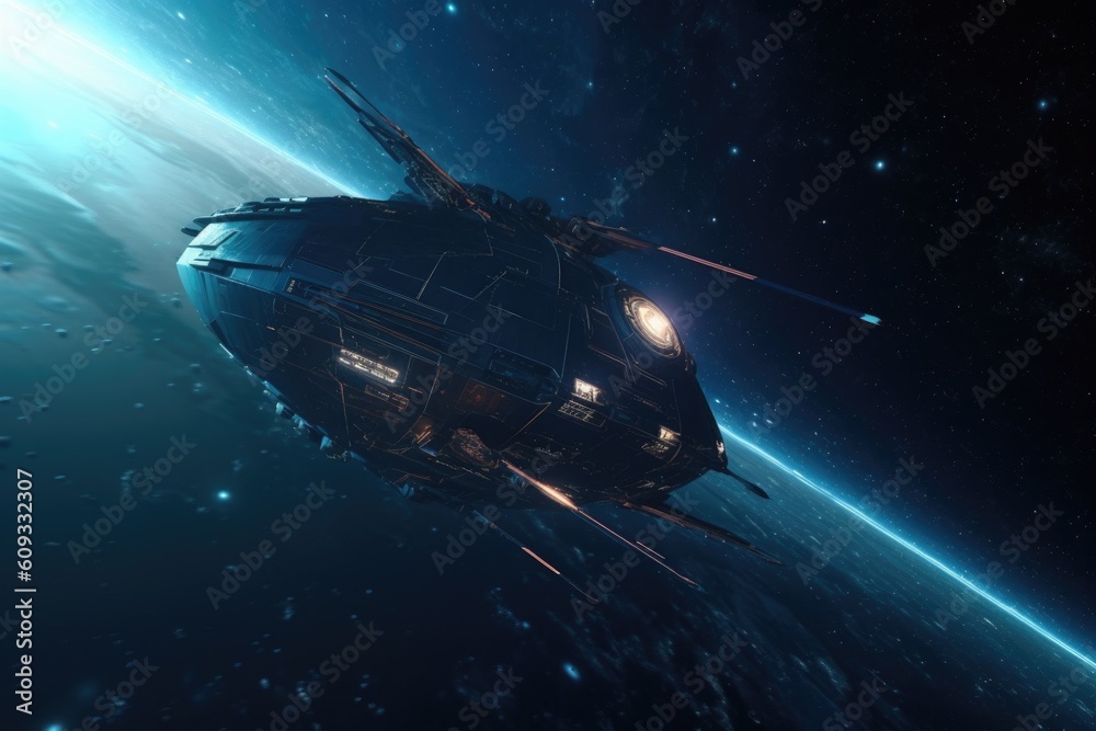 Fototapeta premium shot of a futuristic spacecraft flying though space, created with generative ai
