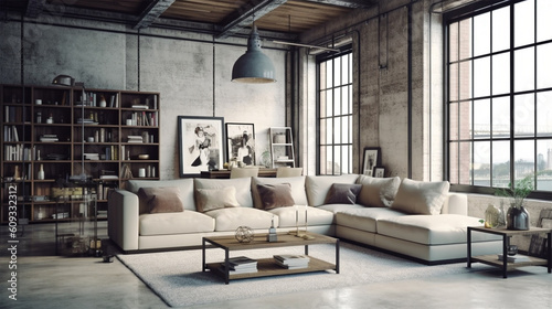 Soft cream Living room interior in loft, industrial style. 3d render generative ai.