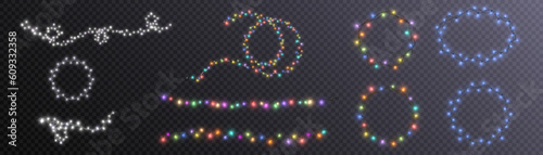 Christmas lights isolated on transparent background. Set of Christmas glowing garlands. For advertising invitations, web banners, postcards. Vector