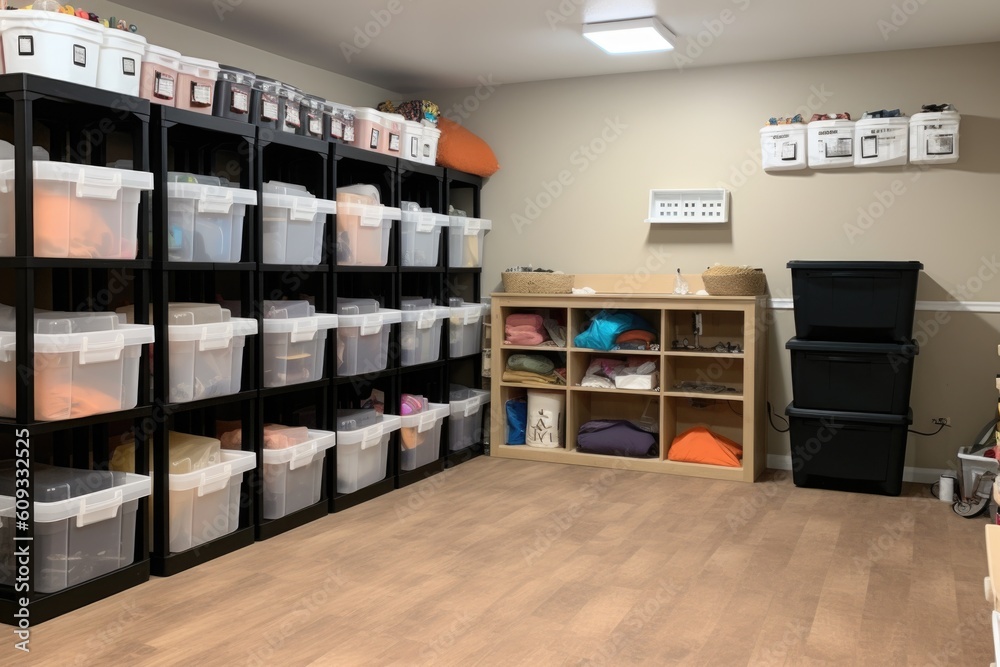 a room full of storage bins, labeled and organized, created with generative ai a room full of storage bins, labeled and organized, created with generative ai