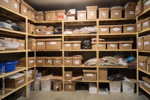 a storage unit filled with boxes, each one labeled and organized, created with generative ai