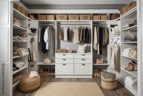 a closet with shelves, hooks and baskets to organize clothing, created with generative ai photo
