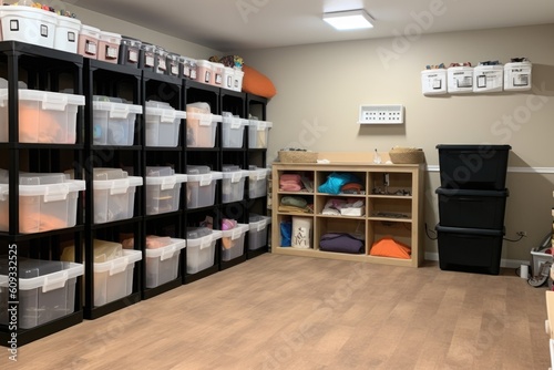 a room full of storage bins, labeled and organized, created with generative ai photo