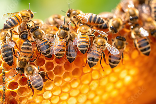 Honey Bees on Honeycomb Busy Apiary Buzzing with Summertime Activity. created with Generative AI