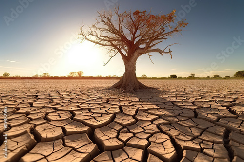 Climate Change Impact Cracked Earth and Wilted Tree Revealing Severe Drought. created with Generative AI