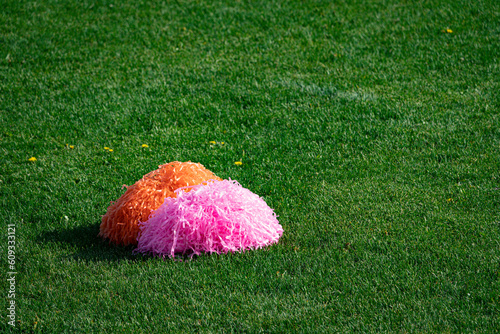 cheerleading pom-poms in the grass on a football field