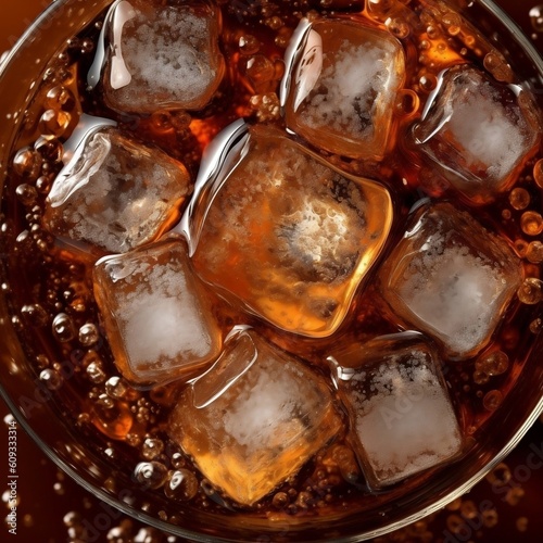 Close Up of Cola Drink with Ice Cubes. Generative AI