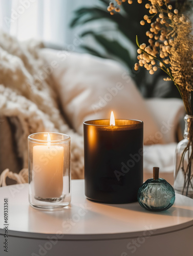 Burning candle mockup, styled home interior decor with black ceramic candle jar template Generative AI photo