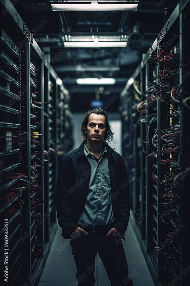 Fototapeta premium portrait of male engineer in data storage center for databases and information technology systems with servers. Generative AI
