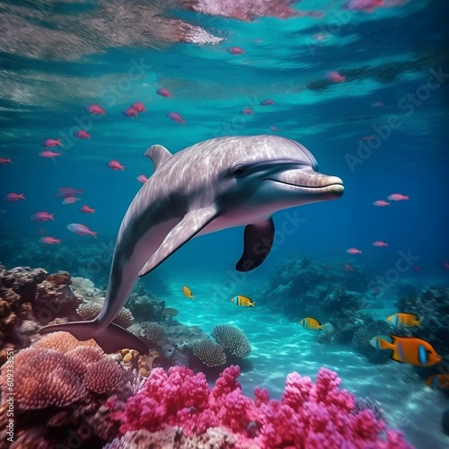 Dolphin gracefully gliding through the underwater world. Generative AI