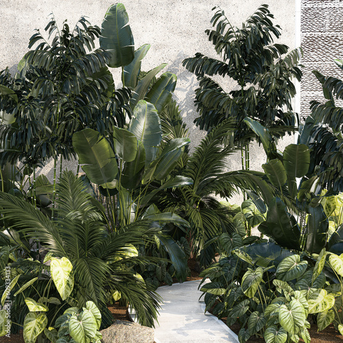  Tropical home garden with rock wall and black pebbles photo