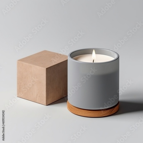 Blank Grey Matte Candle with Box and Wooden Base. Generative AI ©  Creative_studio