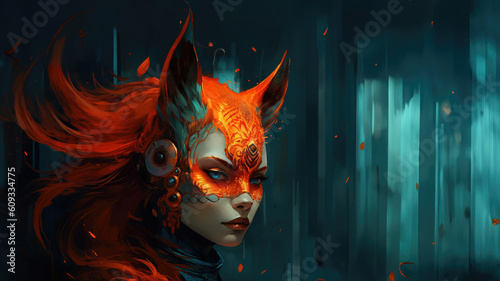 Fierce kasai kitsune female fox with fiery flame red hair and piercing gaze; immortal age old mythical spirit guardian fantasy art portrait - fictional character Generative AI
