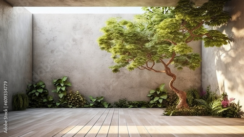 Fototapeta Naklejka Na Ścianę i Meble -  Empty exterior concrete wall with tropical style garden 3d render, decorate with tropical style tree, sunlight on the wall. 3d render illustration. Generative Ai.