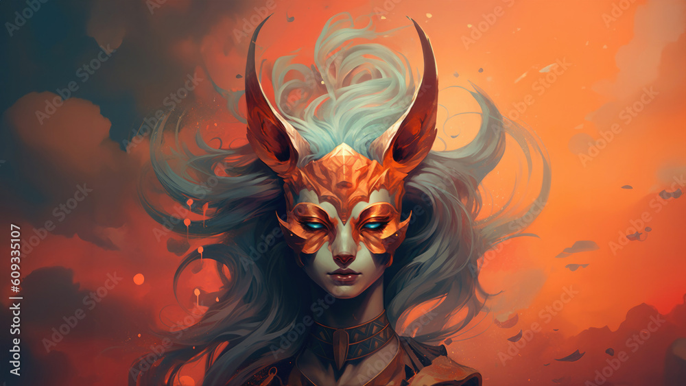 Fierce kasai kitsune female fox with fiery flame red hair and piercing