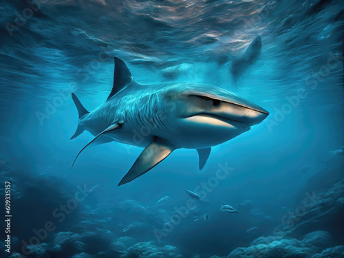Beneath the Surface  Majestic Shark Swimming in Submerged Scenery. Generative AI