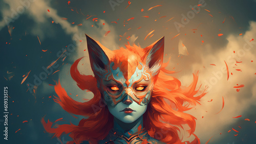 Fierce kasai kitsune female fox with fiery flame red hair and piercing gaze; immortal age old mythical spirit guardian fantasy art portrait - fictional character Generative AI 