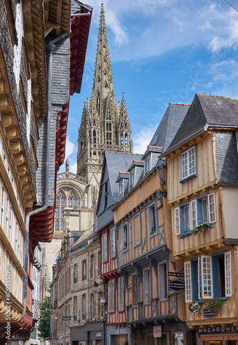 Street view of a gothic cathedral in Quimper, France