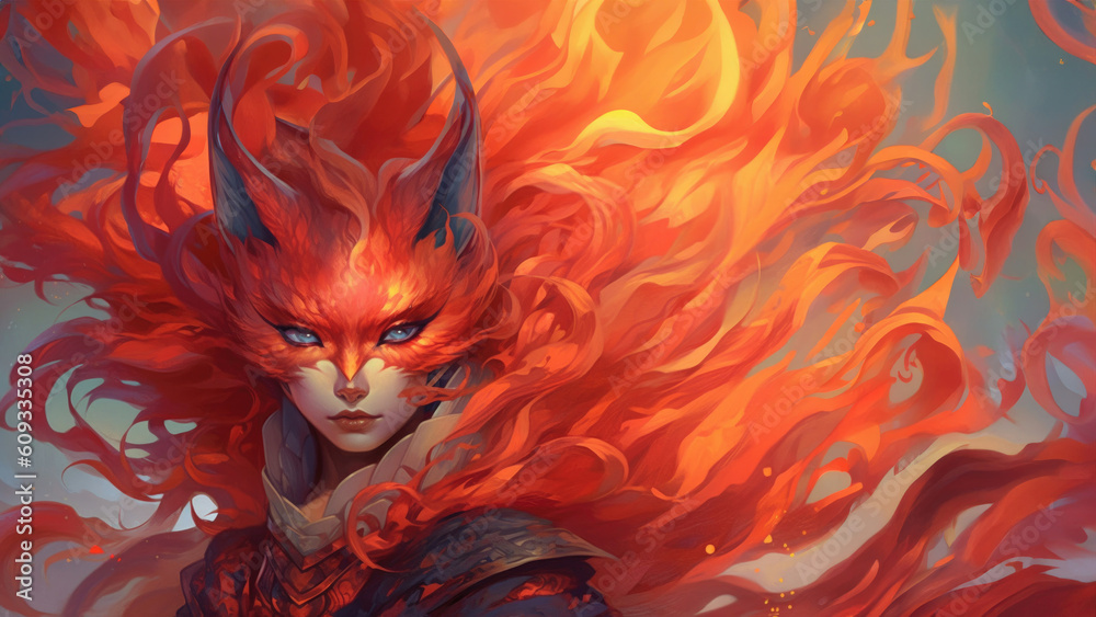 Fierce kasai kitsune female fox with fiery flame red hair and piercing