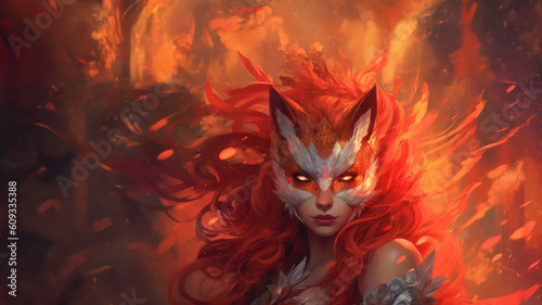Fierce kasai kitsune female fox with fiery flame red hair and piercing gaze; immortal age old mythical spirit guardian fantasy art portrait - fictional character Generative AI 