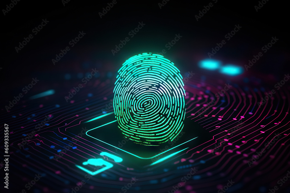 Secure Identity Illuminated Neon Fingerprint Symbolizing Identification and Cyber Security.. created with Generative AI Secure Identity Illuminated Neon Fingerprint Symbolizing Identification and Cyber Security.. created with Generative AI