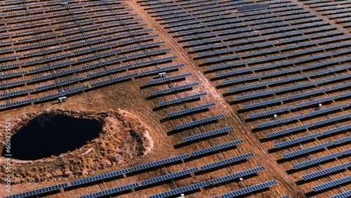 Aerial landscape panning over Solar Panel Farm near Tuggeranong, ACT Drone 4K