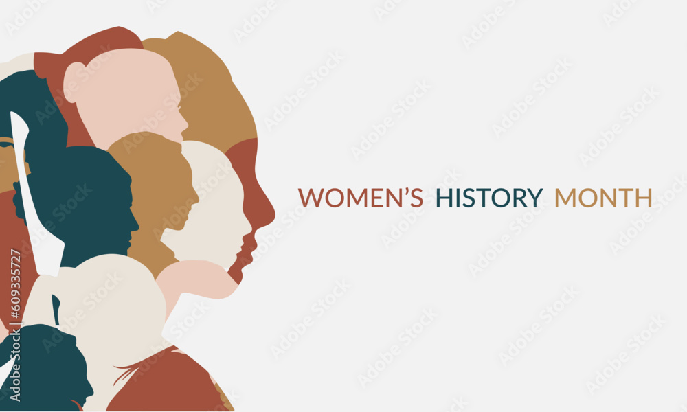 Women's History month banner in soft color. Multi ethnic woman face silhouette.
