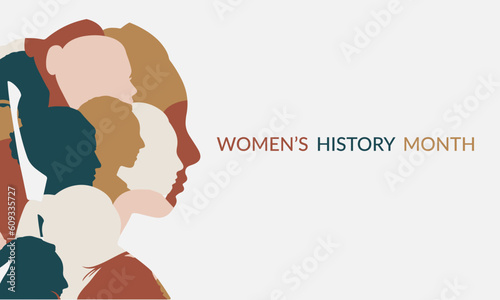 Women's History month banner in soft color. Multi ethnic woman face silhouette.
