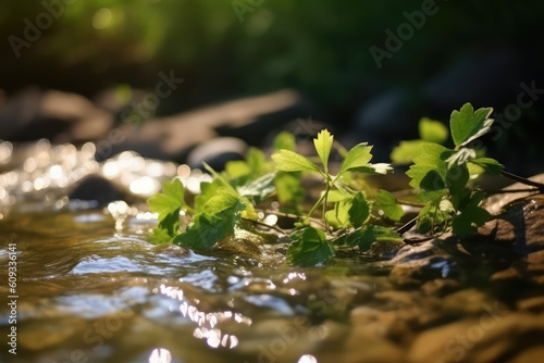 Beautiful spring detailed close up stream of fresh water with young green plants. Horizontal banner  springtime concept. Abstract outdoor wild nature background