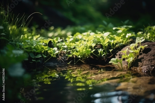 Beautiful spring detailed close up stream of fresh water with young green plants. Horizontal banner  springtime concept. Abstract outdoor wild nature background