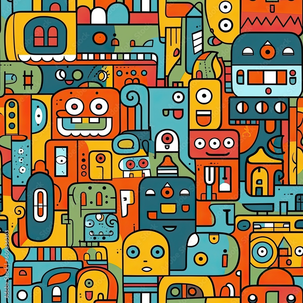 Naklejka premium Seamless Pattern of Eccentric Faces Generative AI 