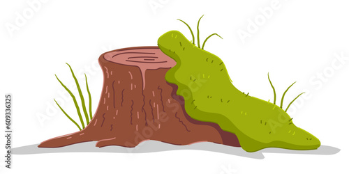 Tree stump with moss and grass vector cartoon illustration isolated on a white background.