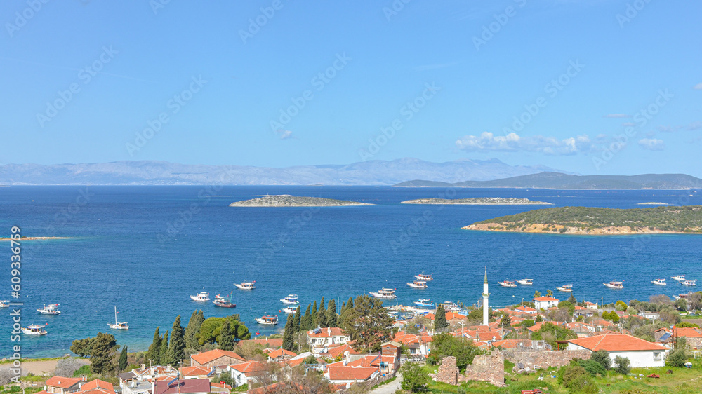 scenic view of Ildir bay from Erythrai antique ruins (Izmir province, Turkey)