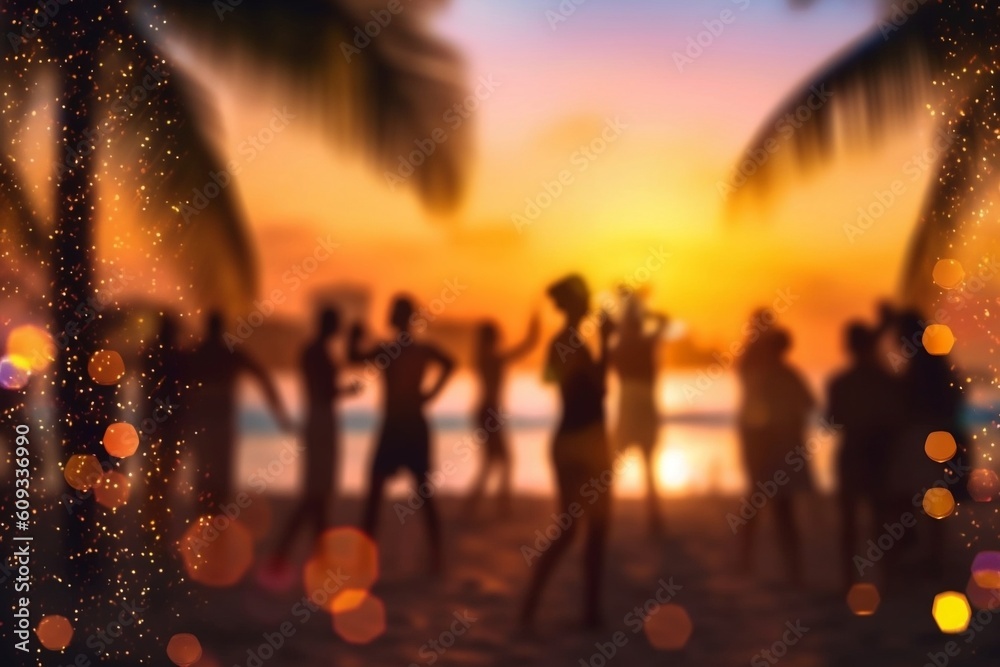 Party Beach Blurred People Having Night Beach Party. Generative AI