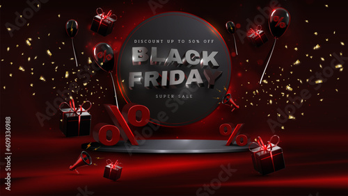 Black friday background with blank podium and realistics gift box element and balloons on red circle frame with bokeh and gold ribbons. Vector illustration.