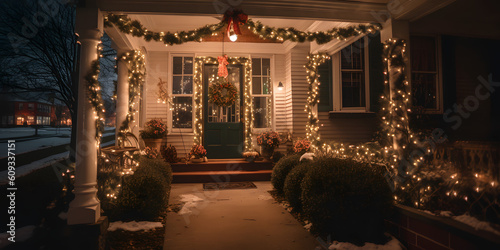 A holiday-themed front porch with garland and lights colo one generative AI © Pierre