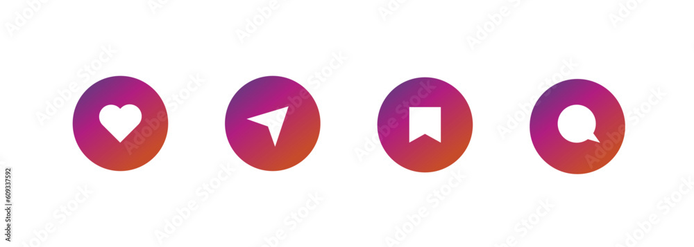 Set of generic social media user interface icons. Like, comment, share and save icons. Social media flat icon