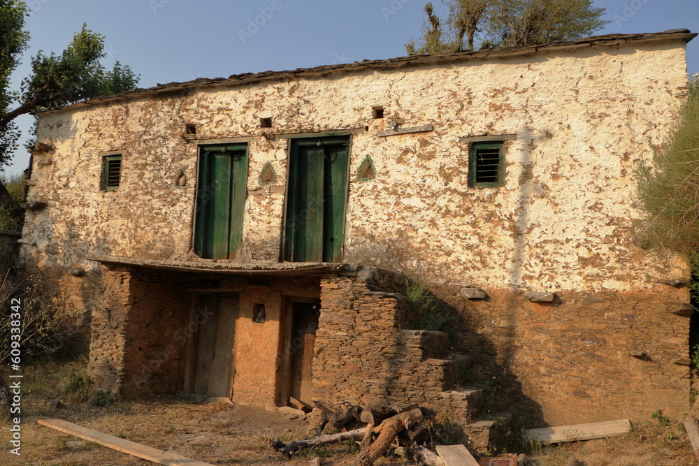 View of a dilapidated house after the exodus of villagers from Uttarakhand.