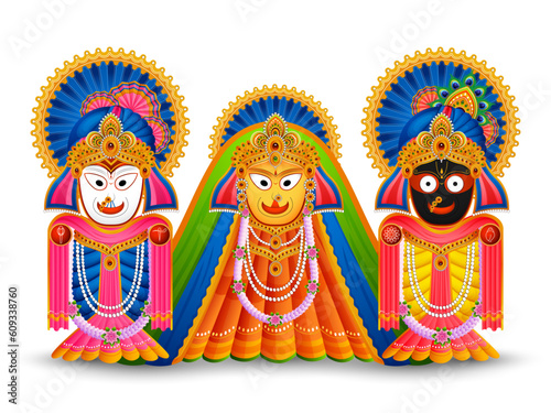 Indian character illustration of Lord Jagannath, Balabhadra and Subhadra for the Indian festival of Rathayatra.