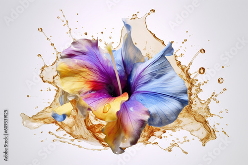An abstract surreal photograph of a Morning glory (Rivea corymbosa) splashed in bright paint, Generative AI technology. photo