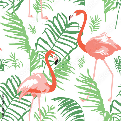 Seamless pattern with flamingos and leaves of the palm tree on the neutral background. © Anastasia Albrecht