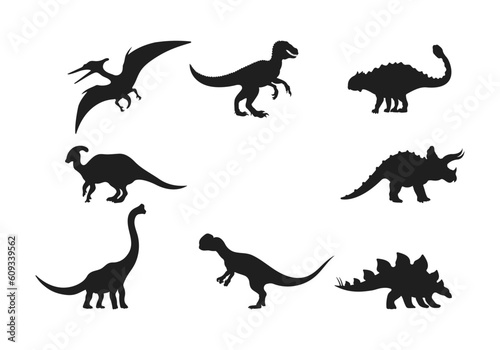 Fototapeta Naklejka Na Ścianę i Meble -  Dinosaur and Jurassic dino monster icons. Vector silhouettes of triceratops or T-rex, brontosaurus or pterodactyl and stegosaurus, pteranodon or ceratosaurus and reptile parasaurolophus