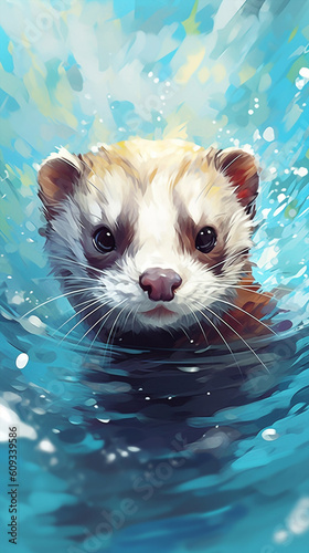 Anime Art Style Polecat Swimming In The Water Cute And Colorful Generative Ai Digital Illustration Part#030623